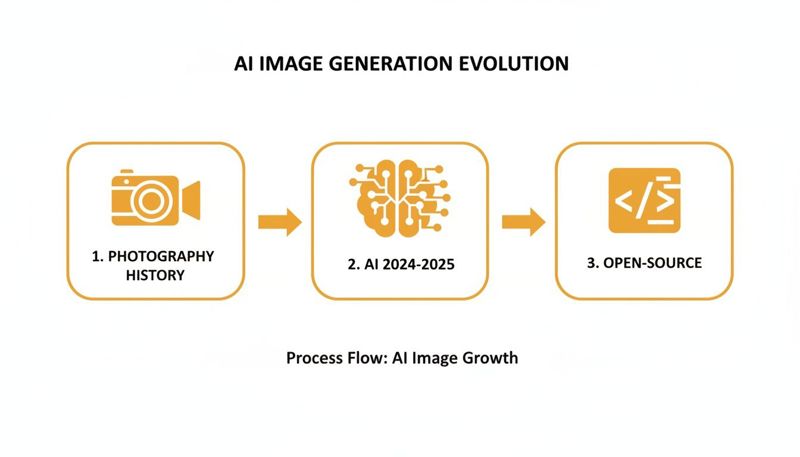A flowchart illustrates the evolution of AI image generation from photography history to future AI and open-source development.
