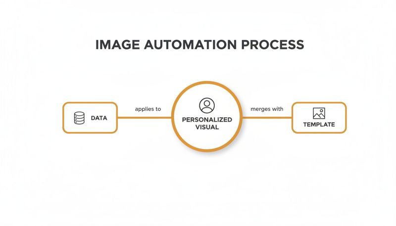 A flowchart illustrates the image automation process, showing data applying to a personalized visual that merges with a template.