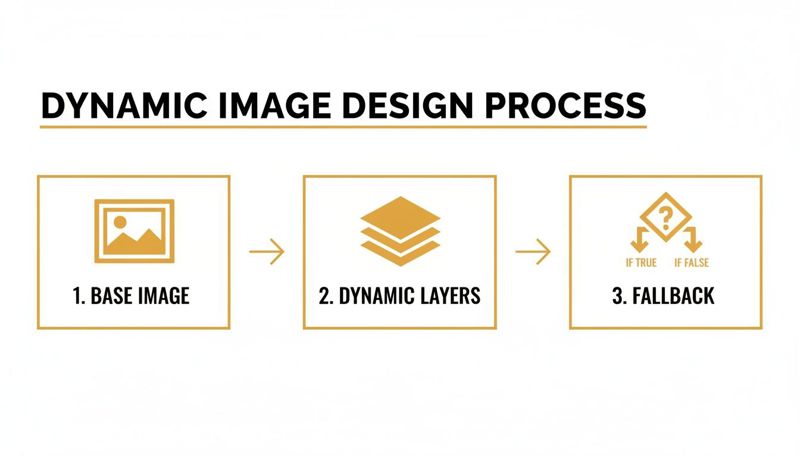 A flowchart illustrating the dynamic image design process: base image, dynamic layers, and fallback logic.