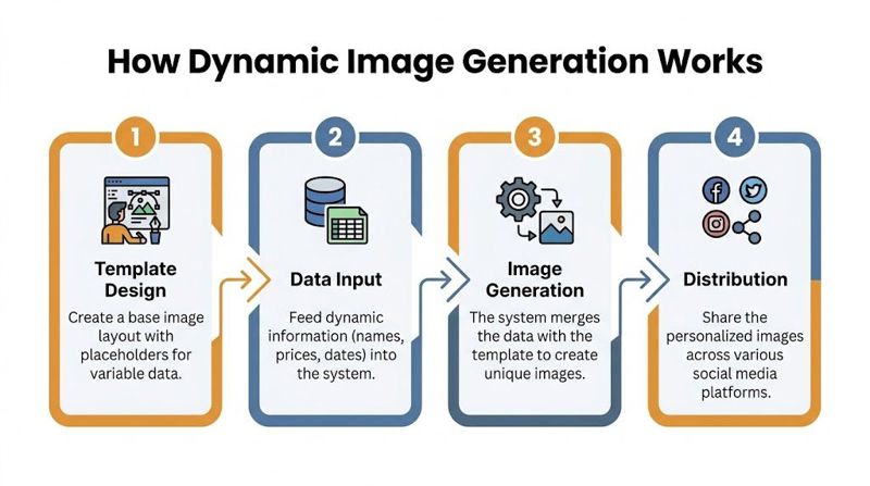 A four-step infographic explaining the dynamic image generation process for creating and distributing personalized marketing visuals.