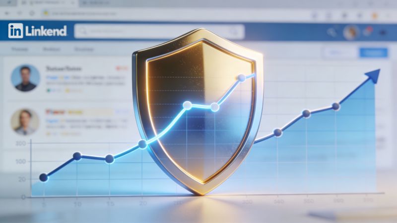 A golden shield symbol centered over a blue growth chart representing secure LinkedIn networking success.