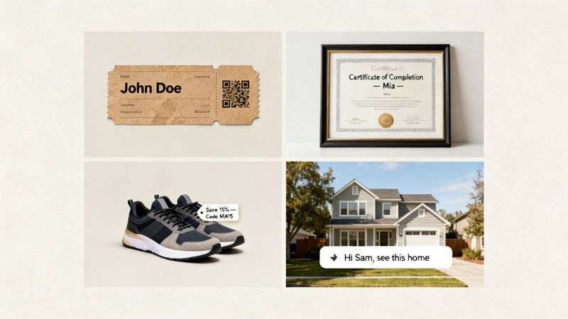 A grid of four images: an event ticket, a certificate of completion, sneakers with a discount, and a house with a message bubble.
