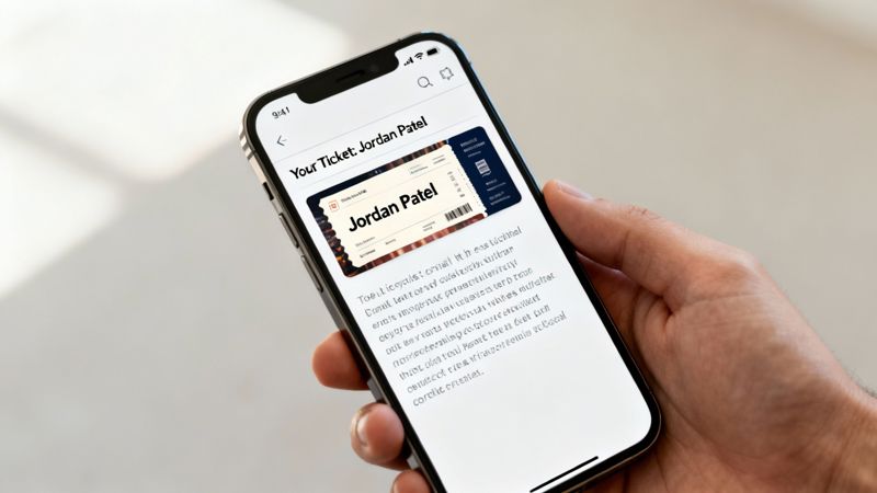 A hand holds a smartphone displaying a digital event ticket with 'Jordan Patel' visible on screen.