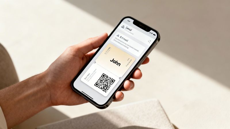 A hand holds a smartphone displaying a digital ID card with a QR code and the name John.