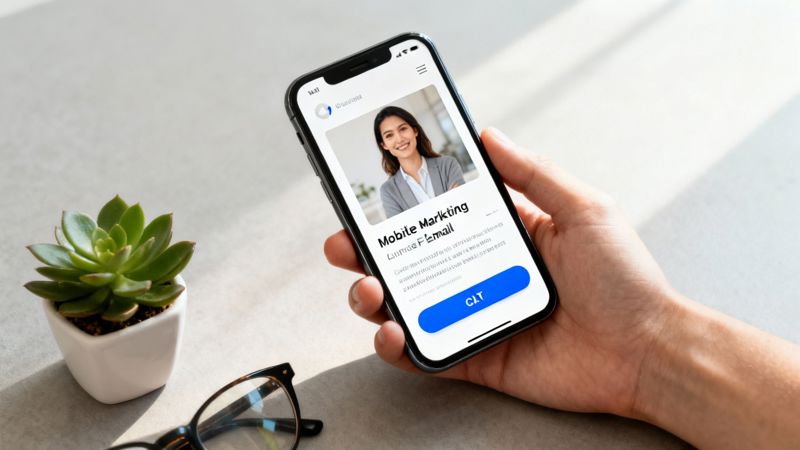 A hand holds a smartphone displaying a mobile marketing email page, next to a succulent plant and eyeglasses.