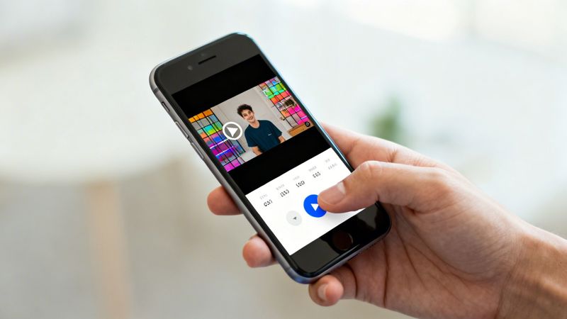 A hand holds a smartphone displaying a video of a smiling man with a vibrant, colorful background. A finger touches the screen.