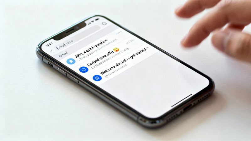 A hand interacts with an iPhone displaying an email inbox with unread messages.