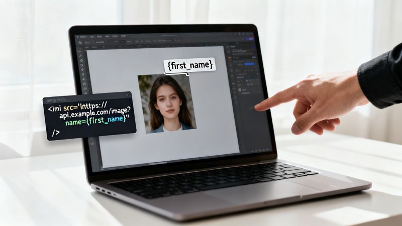 A hand points at a laptop showing image API code dynamically generating a personalized user image.