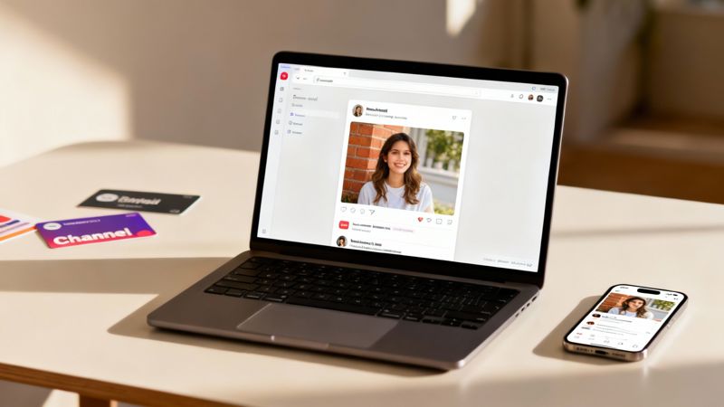 A laptop and smartphone display a social media feed with a smiling woman's photo, next to two branded cards.