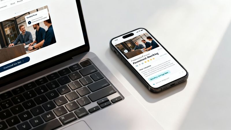 A laptop and smartphone displaying a video of three men collaborating in an office.