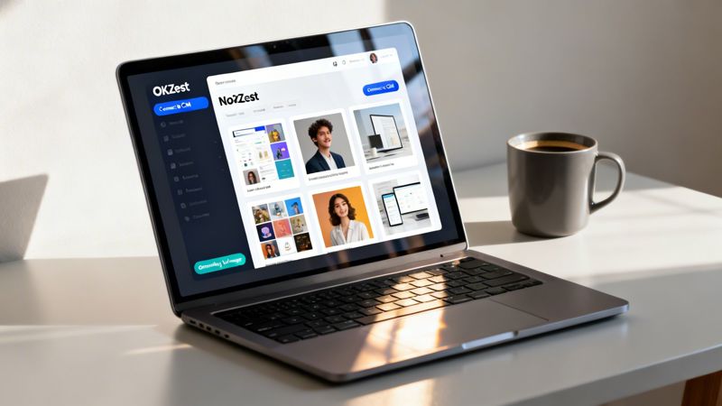 A laptop displaying a digital dashboard with social media content examples, next to a coffee mug on a sunlit desk.