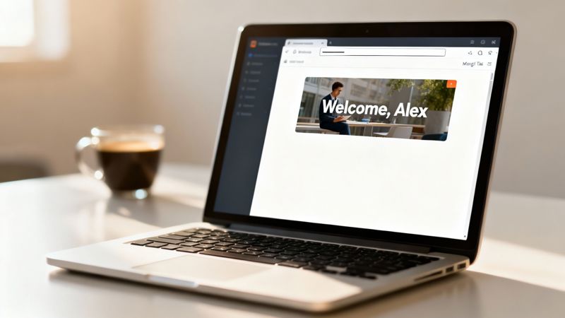 A laptop displaying a 'Welcome, Alex' screen with a man working, next to a coffee mug on a white desk.