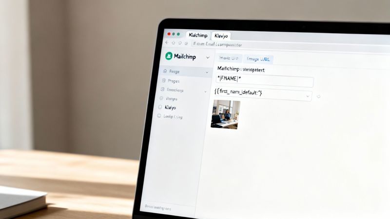 A laptop displaying an email marketing platform, likely Mailchimp or Klaviyo, with personalization tokens and content editor.