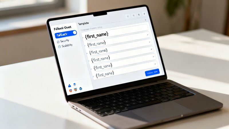 A laptop displays a software interface with a left menu and template fields for 'first_name'.