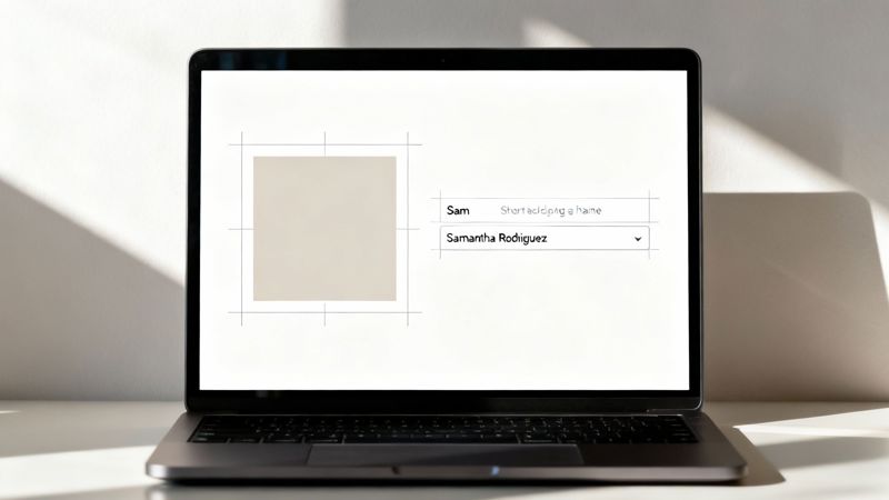 A laptop displays a user profile interface with an empty avatar and input fields for name and full name.