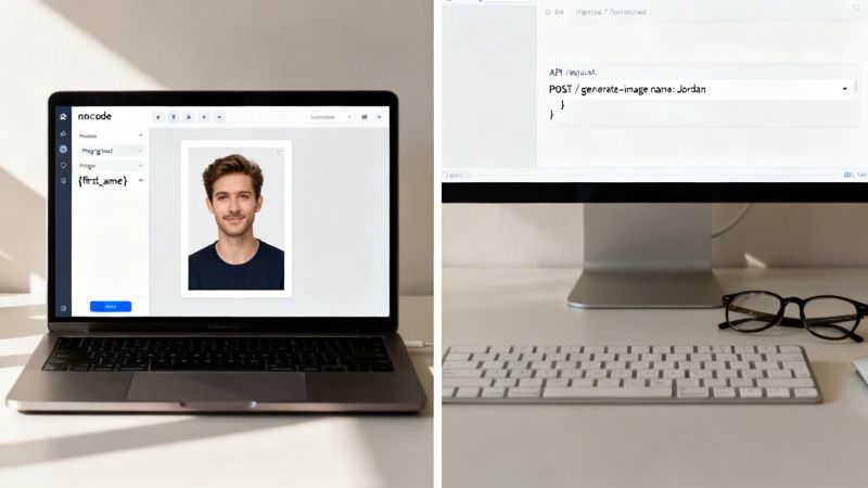 A laptop displays a visual personalization app with a man's photo, next to a monitor showing an API request for image generation.