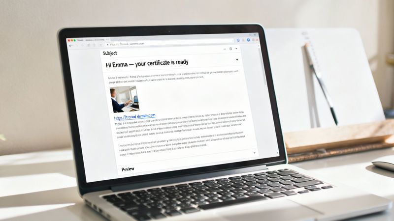 A laptop displays an email about a certificate being ready, showing a suspicious trusted domain link.