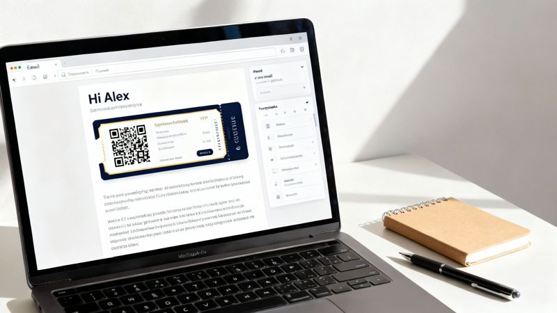 A laptop displays an email with a QR code ticket, a notebook, and a pen on a sunlit desk.