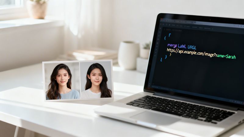 A laptop displays code for an image API, next to a photo showing two personalized headshots of a woman.