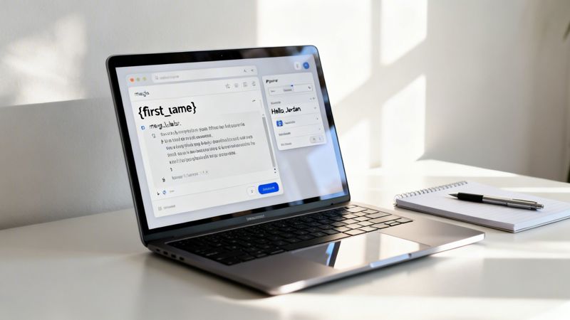 A laptop on a bright white desk displays an application, next to a notebook and pen.