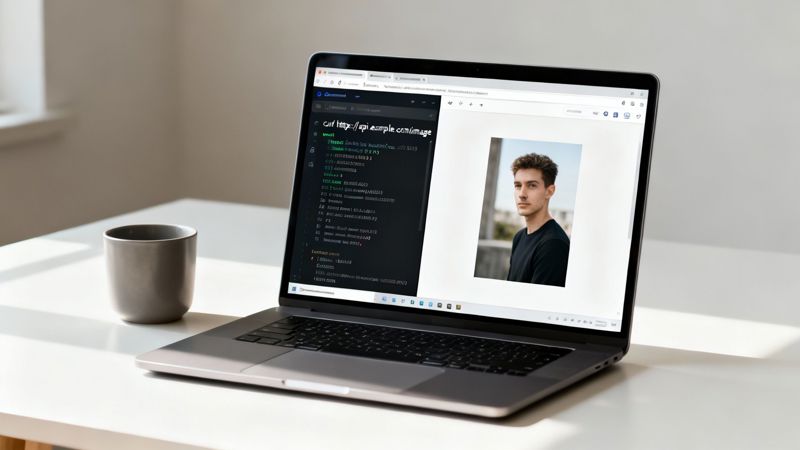A laptop on a desk displaying a web browser showing an API request and an image of a young man.