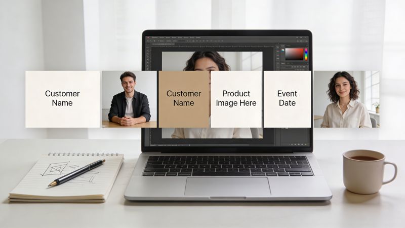 A laptop on a desk showing graphic design software, surrounded by overlaid customer profile cards and photos.
