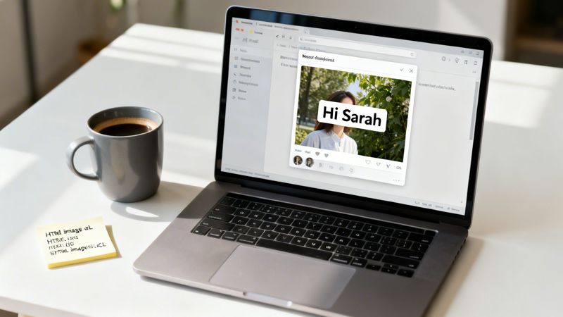 A laptop on a white desk displays a 'Hi Sarah' social media post, next to a coffee mug and sticky note.