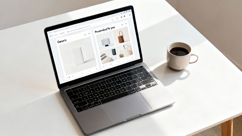 A laptop on a white desk displays a personalized e-commerce page, with a cup of coffee nearby.