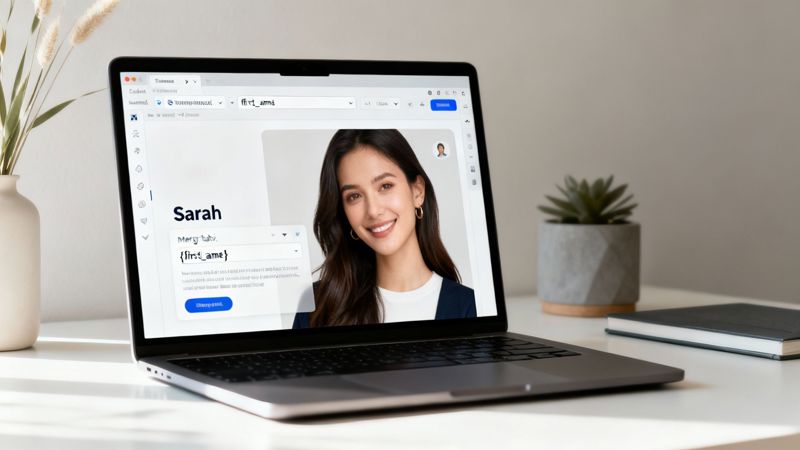 A laptop on a white desk displays a profile page with a smiling woman named Sarah.