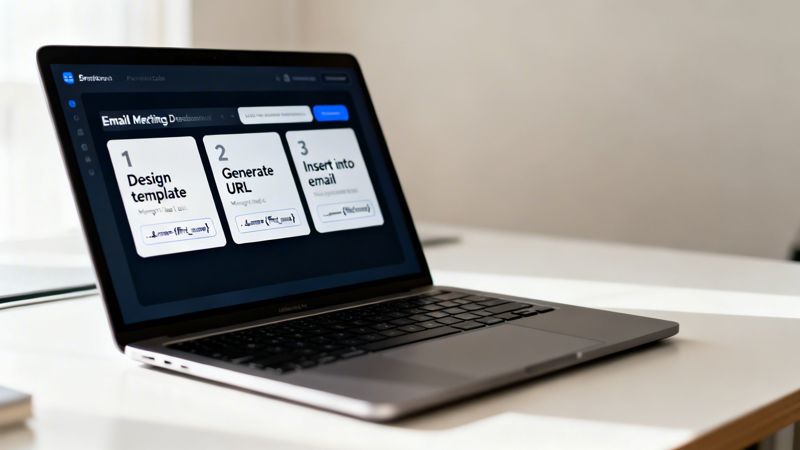 A laptop screen displays a dark-themed email automation application for meeting customization.