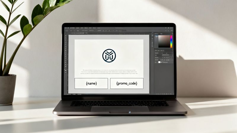 A laptop screen displays an email marketing design with a logo, text, and dynamic content placeholders.