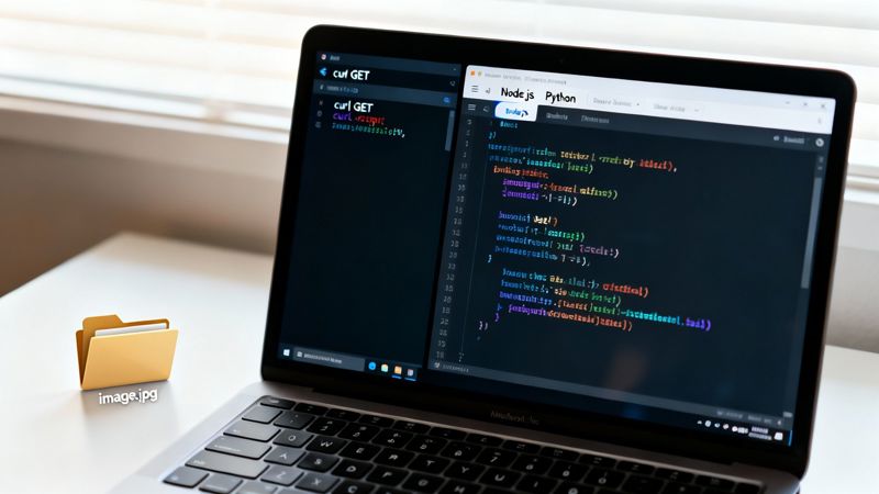 A laptop screen displays API code in a dark theme, with a folder icon on the desk.