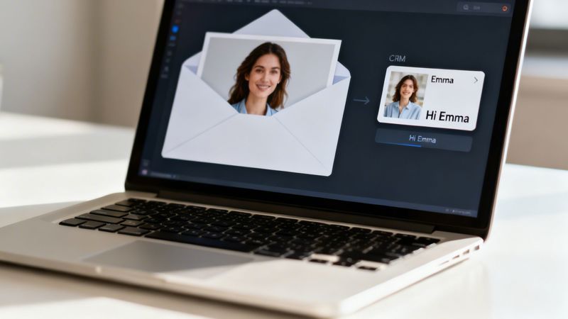 A laptop screen shows an open email with a woman's photo and a CRM profile for 'Emma' with 'Hi Emma'.