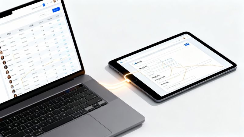 A laptop showing a CRM dashboard connected via a glowing cable to a tablet displaying an email automation flow.