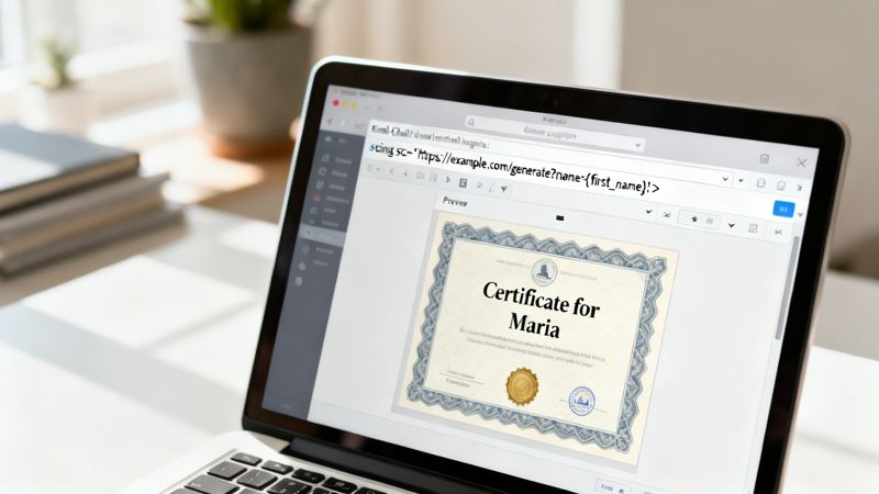 A laptop showing an image generator webpage with a URL parameter for a personalized certificate for Maria.