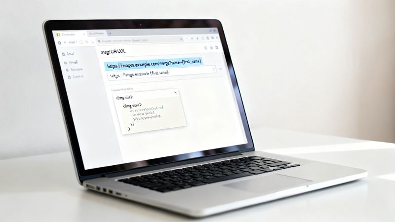 A laptop shows a screen with a highlighted URL for real-time personalized image generation.