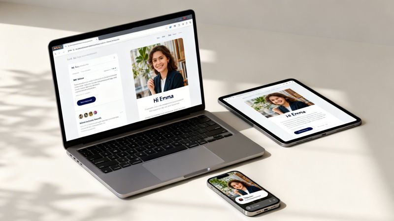 A laptop, tablet, and smartphone display a personalized profile page for Emma, showcasing responsive design.