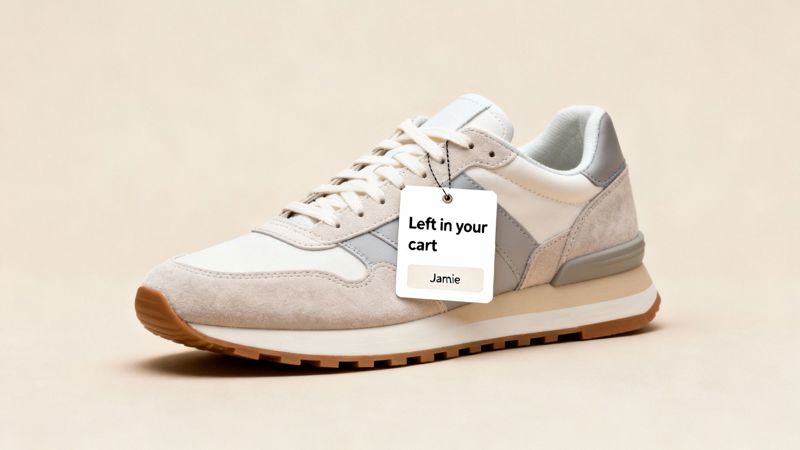 A light-colored sneaker with a tag reading 'Left in your cart' and 'Jamie' hanging from its laces.