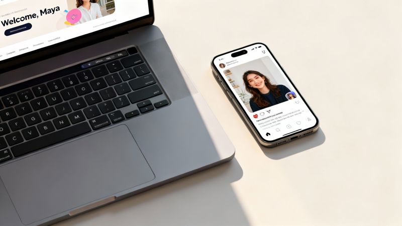 A MacBook laptop with 'Welcome, Maya' on screen and an iPhone showing a social media post.