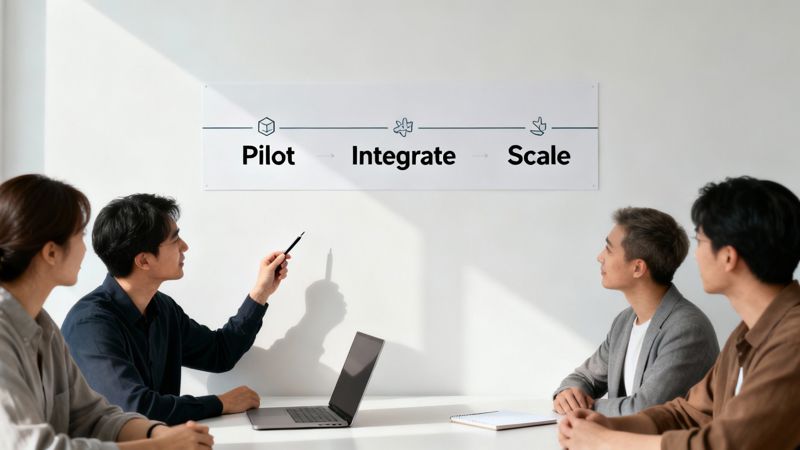 A man points to a wall graphic showing 'Pilot, Integrate, Scale' during a business meeting with three colleagues.