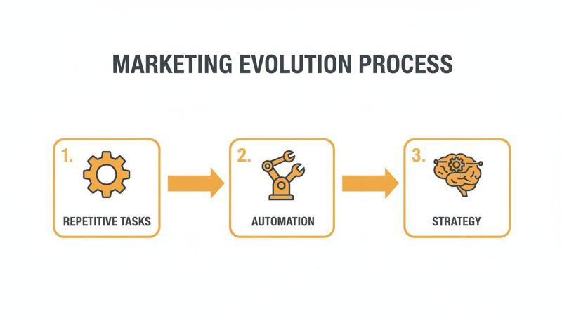 A marketing evolution process infographic showing repetitive tasks leading to automation and strategy.