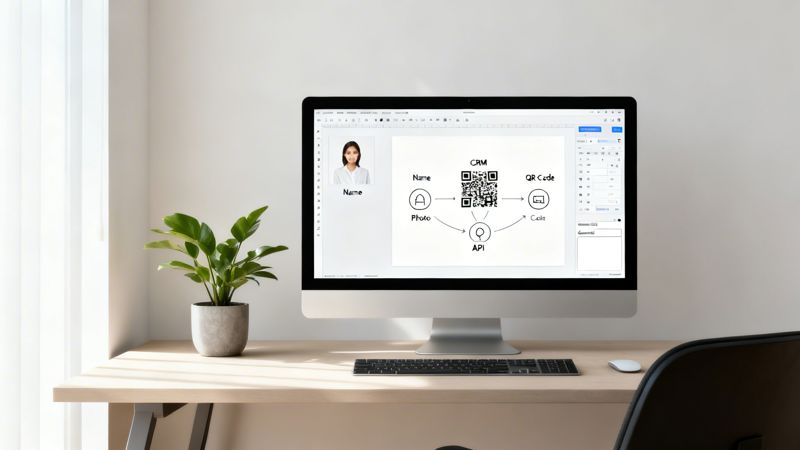 A modern desk with an iMac displaying a workflow diagram for generating QR codes, beside a green plant.