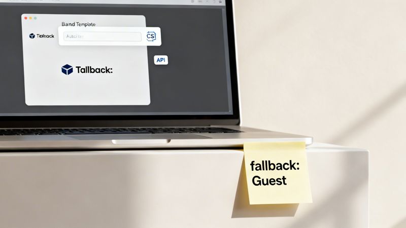 A modern laptop displaying a 'Tallback' application interface for design automation, with a sticky note saying 'fallback: Guest'.