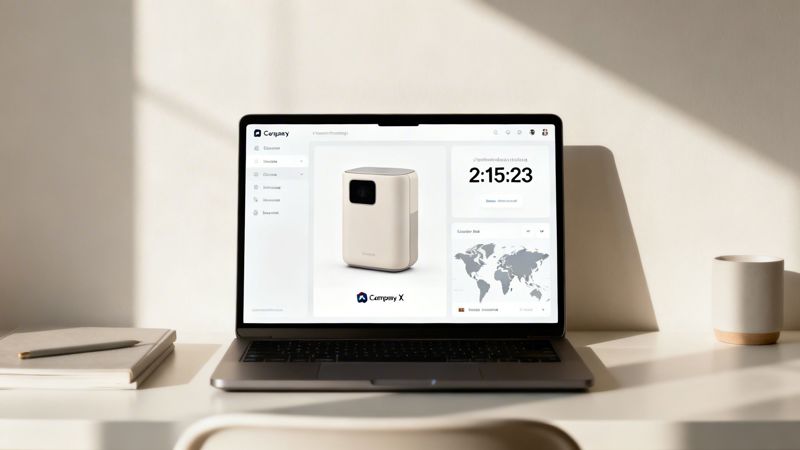 A modern laptop on a white desk displays a clean UI with a product, timer, and world map.