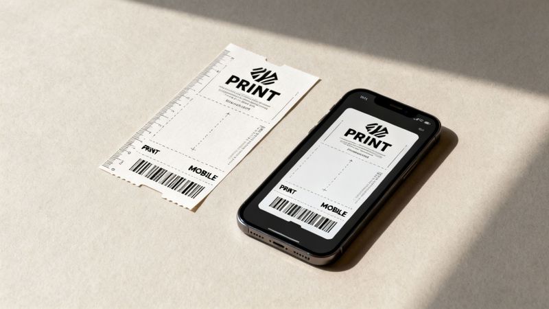 A paper event ticket and a smartphone displaying its digital counterpart, both featuring 'PRINT' and 'MOBILE' sections with barcodes.