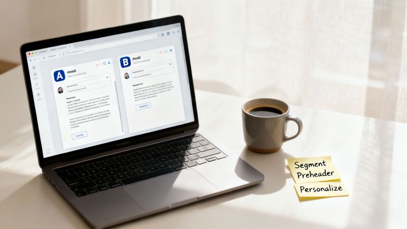 A person at a desk analyzing email campaign data on a laptop, surrounded by charts and graphs, representing strategic email marketing.