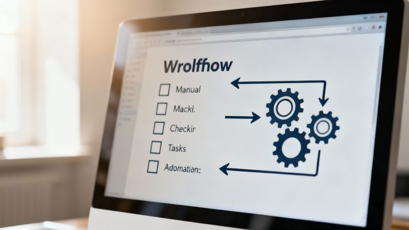 A person at a desk sketching out a workflow diagram on a tablet, connecting different application icons with lines and arrows.