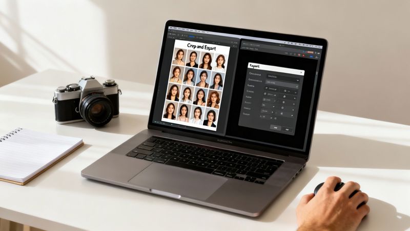 A person batch cropping multiple portrait images on a laptop with a vintage camera and notebook.