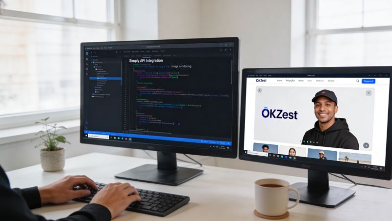 A person coding on a dual monitor workstation displaying API code and a website interface.