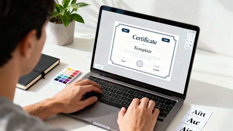 A person designs a certificate template on a laptop screen, with a color palette nearby.